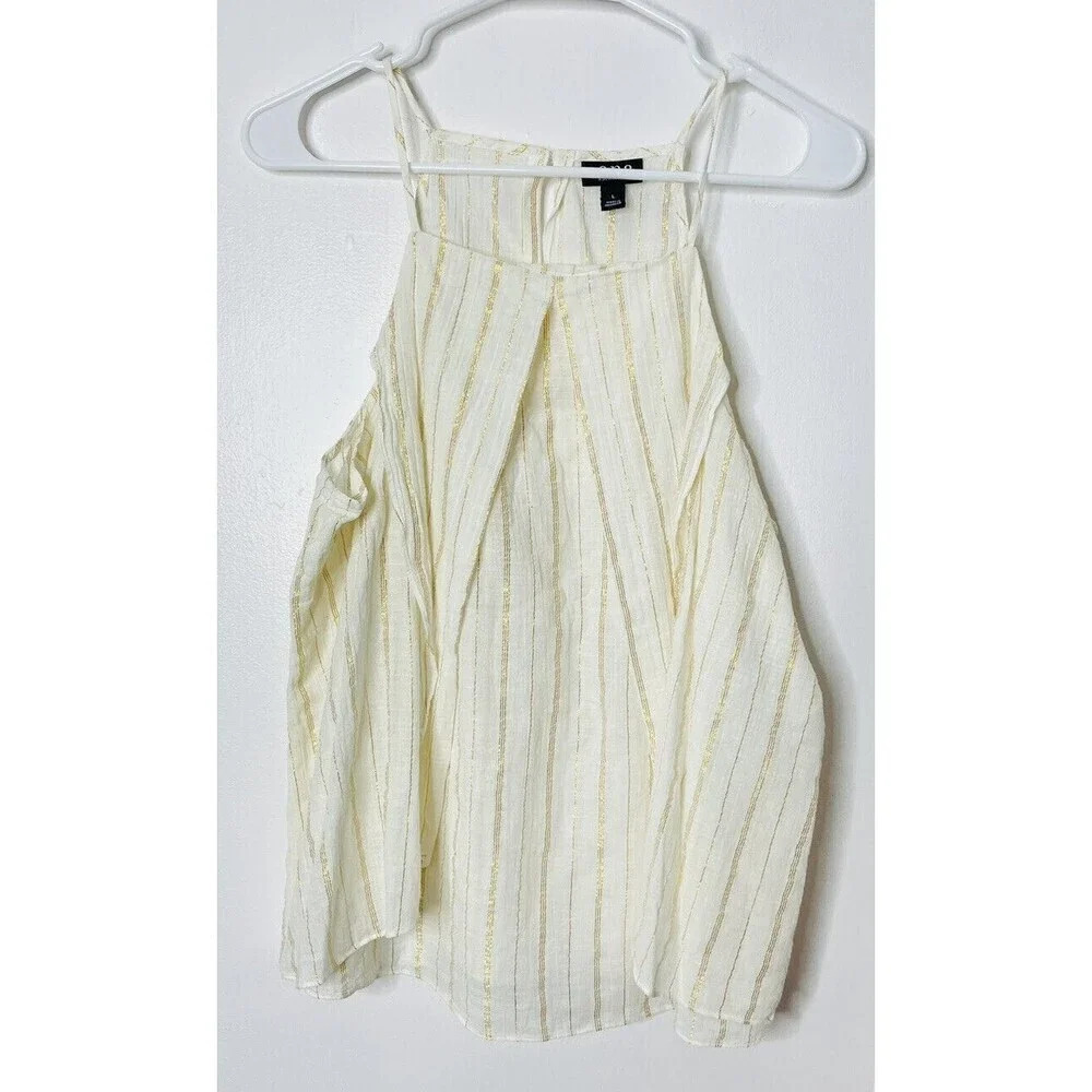 Ana Womens Sz L Tank Top Blouse Ivory Gold Metallic Stripes Layered Key Hole NWT